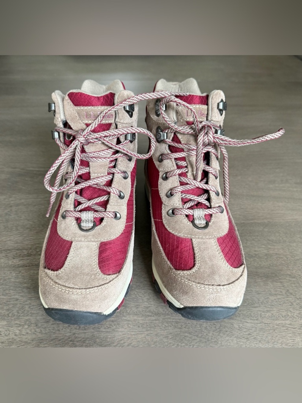 LLBean Women’s Hiking Boots - Taupe Suede & Burgundy Fabric Womens Size 8 Wide